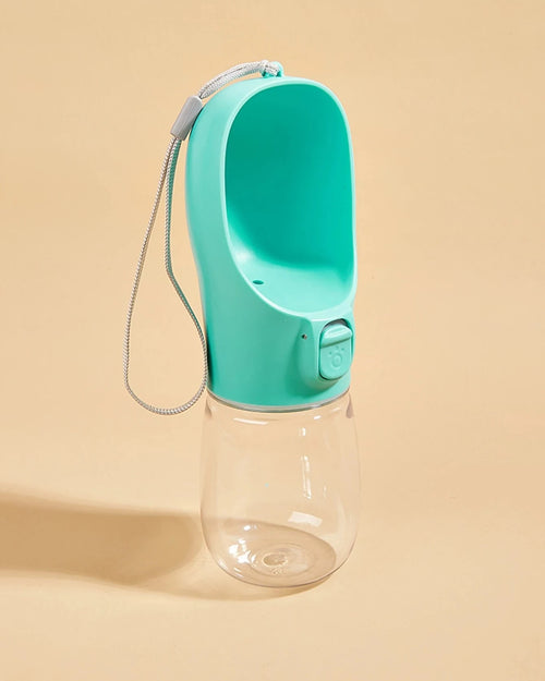 The Long Walk Water Bottle in turquoise with wrist strap on a cream background