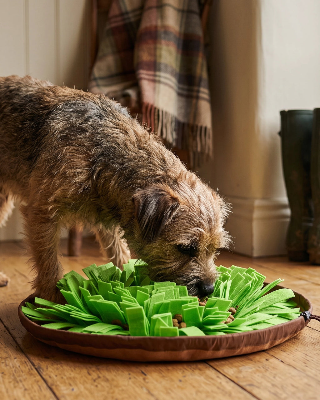 A border terrier nose-down in the green Field Day Snuffle Mat on a farmhouse kitchen floor, rain on the window