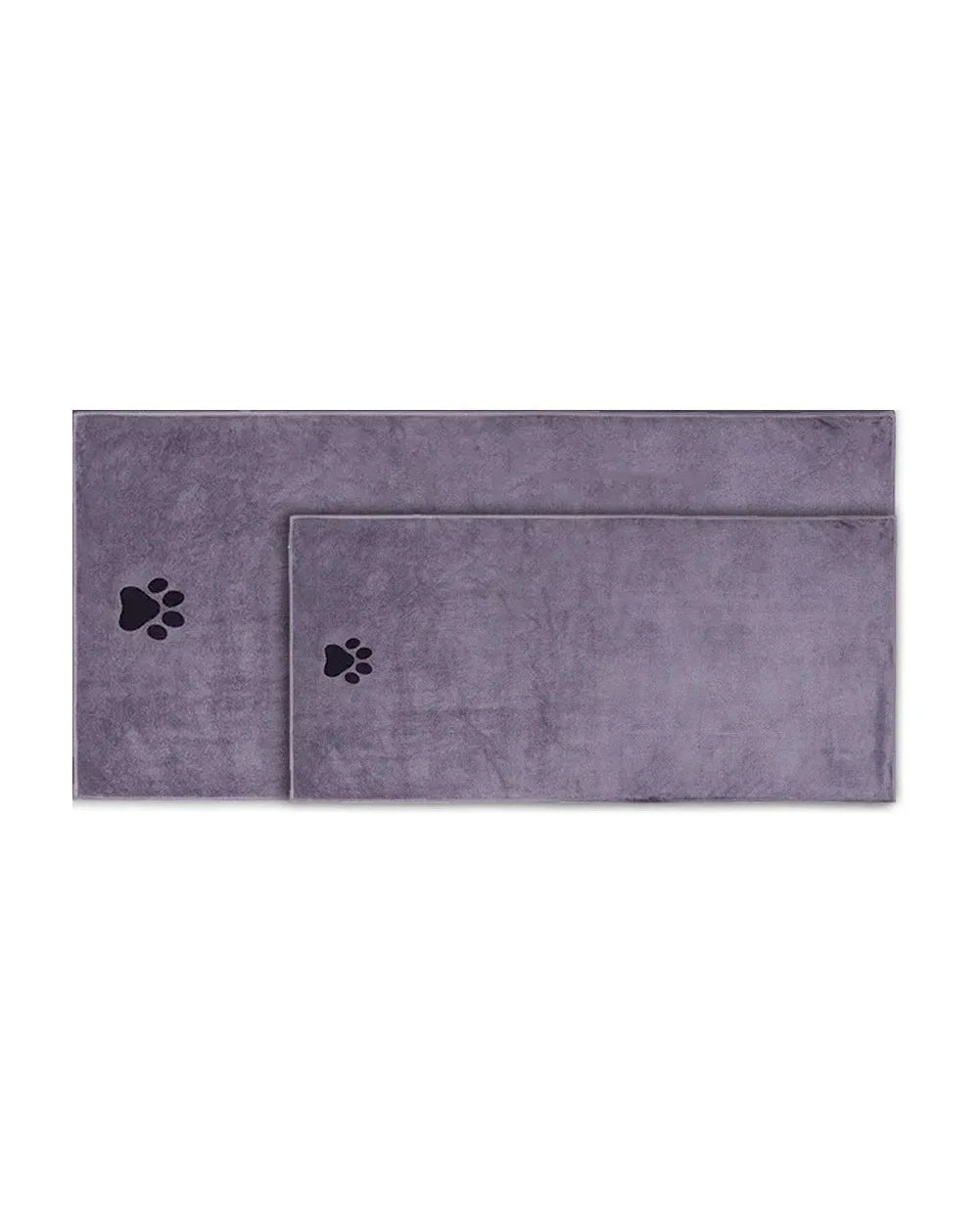 The Downpour Drying Towel in grey in two sizes laid flat on a white background