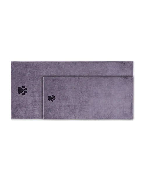 The Downpour Drying Towel in grey in two sizes laid flat on a white background