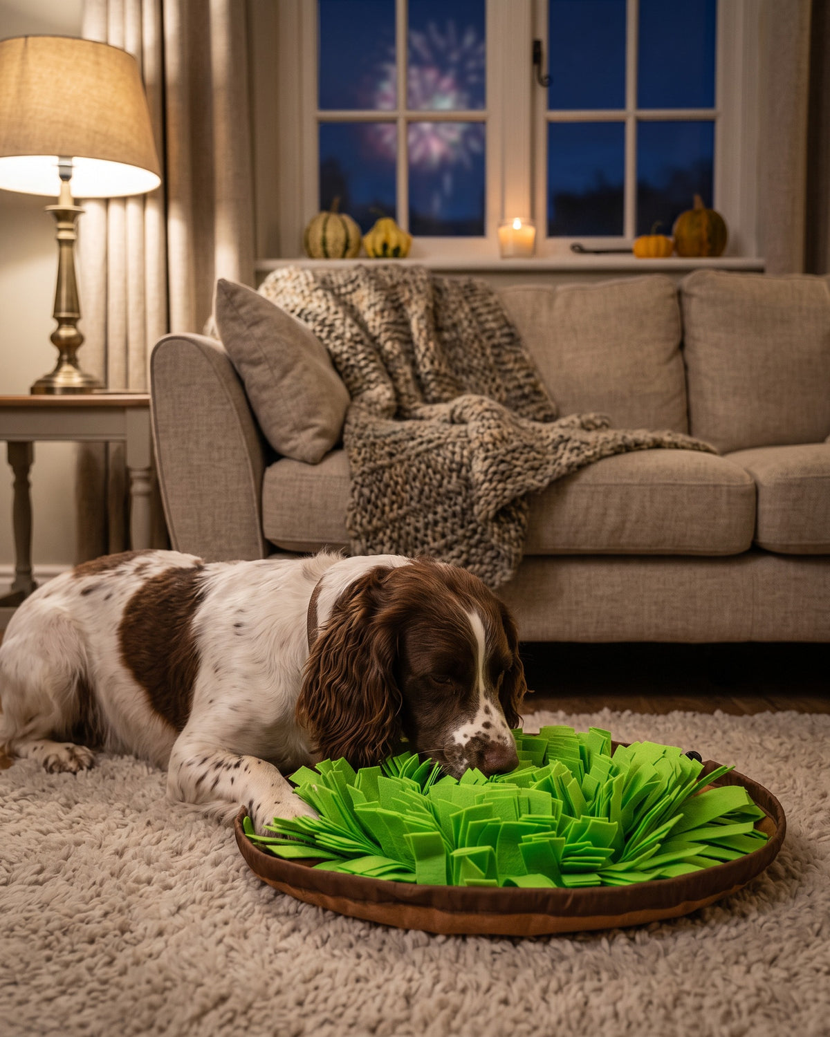 A springer spaniel sniffing out treats in the green snuffle mat by the sofa on an autumn evening