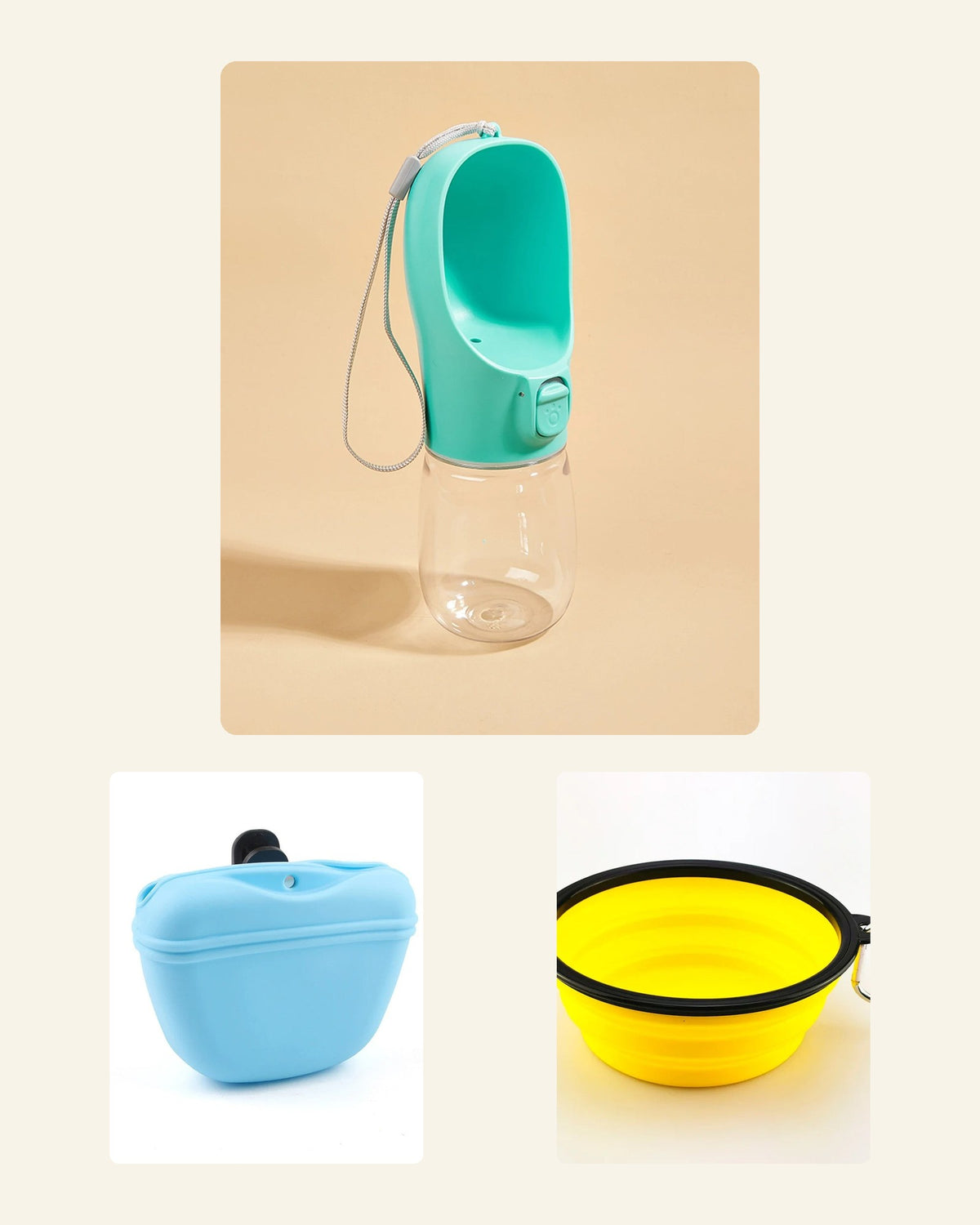 The Walk Kit: The Long Walk Water Bottle, The Pocketful Treat Pouch and The Fold-Flat Bowl on cream